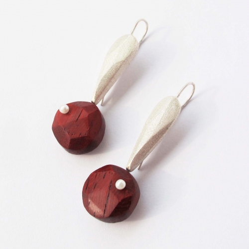 Coral Wood Earrings with Pearls