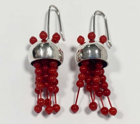 Jellyfish Silver Earrings with red Coral