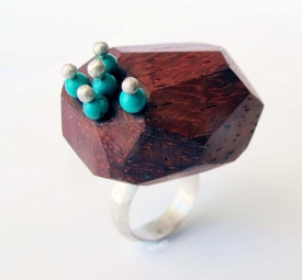 Ring with Turquoise and Coral Wood