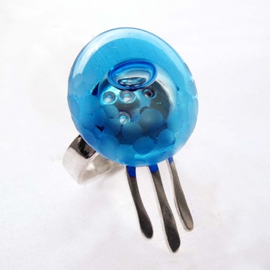 Blue Jellyfish Silver Ring with Bubble