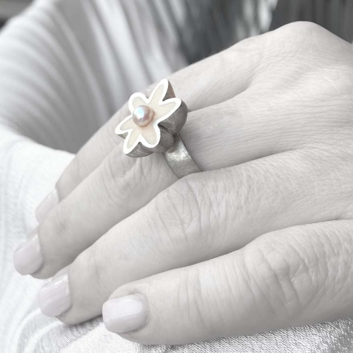 Cherry Flower Ring with Pearl