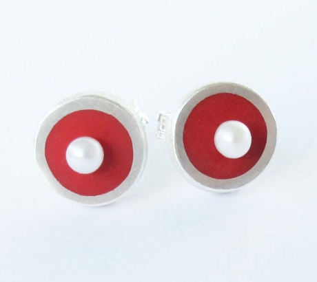 Red Stud Earrings with freshwater pearls