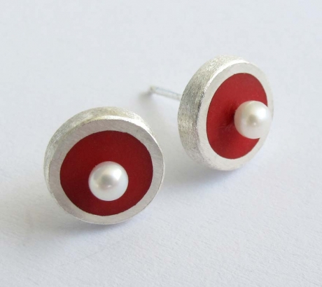 Red Stud Earrings with freshwater pearls