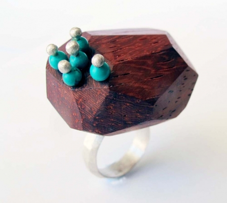 Ring with Turquoise and Coral Wood