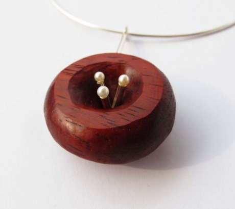 Coral Wood Silver Necklace with Pearls