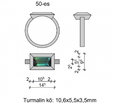 Bagett kék-zöld turmalin gyűrű