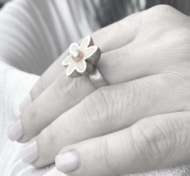 Cherry Flower Ring with Pearl